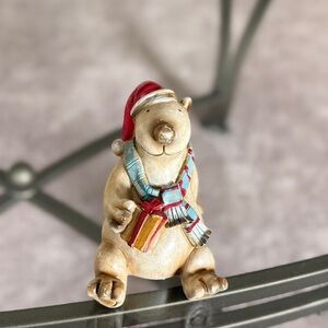 Vintage Christmas  Bear with Red Hat and Blue Scarf